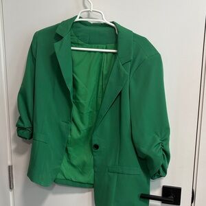 Women's Emerald Green Single-Button Blazer with Ruched Sleeves